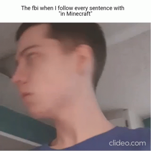 A Close Up Of A Man 'S Face With The Words `` The Fbi When I Follow Every Sentence With `` In Minecraft '' GIF