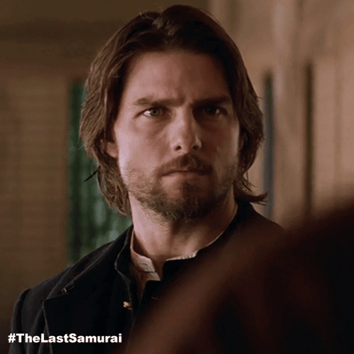 A Close Up Of A Man 'S Face With #Thelastsamurai Written Below Him GIF