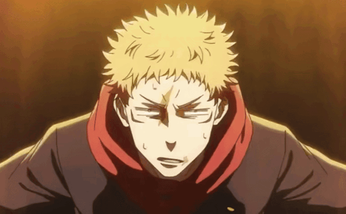 A Close Up Of A Man 'S Face With Yellow Hair And A Red Hoodie GIF