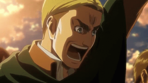 A Close Up Of A Man Screaming With His Arm In The Air GIF