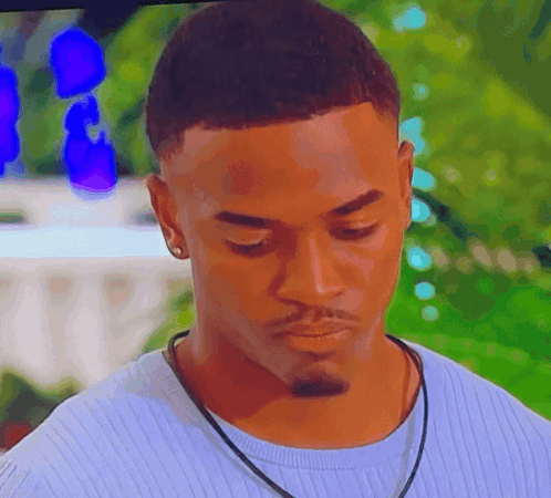 A Close Up Of A Man Wearing A Blue Sweater And A Black Necklace GIF