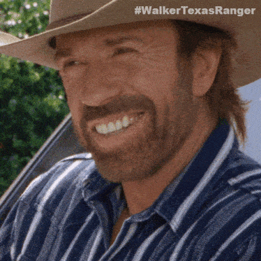 A Close Up Of A Man Wearing A Cowboy Hat With The Hashtag #Walkertexasranger GIF