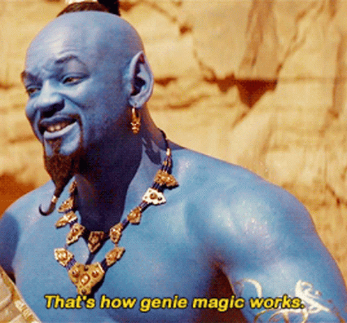 A Close Up Of A Man With Blue Paint On His Face And The Words That 'S How Genie Magic Works GIF