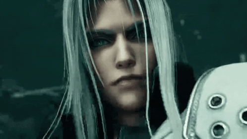 A Close Up Of A Man With Long White Hair In A Video Game Looking At The Camera . GIF