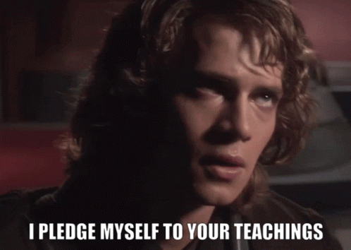 A Close Up Of A Man With The Words " I Pledge Myself To Your Teachings " GIF