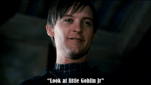 A Close Up Of A Man With The Words " Look At Little Goblin Jr " On The Bottom GIF