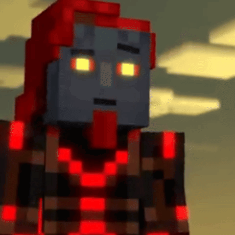 a close up of a minecraft character with a red head and red eyes .