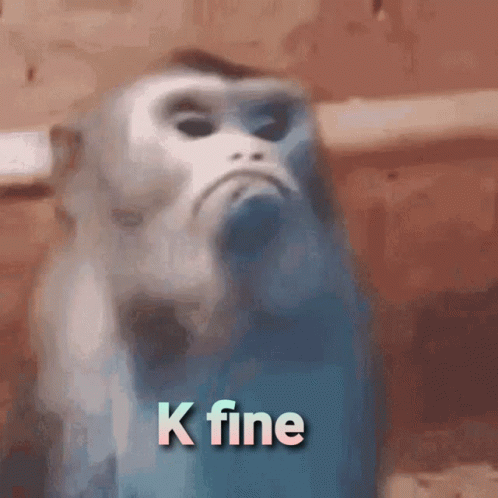 A Close Up Of A Monkey 'S Face With The Words K Fine Written On It GIF