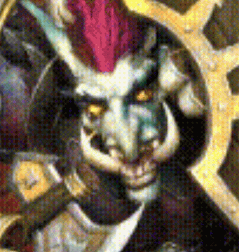 A Close Up Of A Painting Of A Demon With Horns And A Sword . GIF