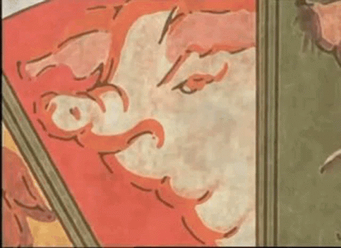 A Close Up Of A Painting Of A Woman 'S Face On A Red And Green Background GIF