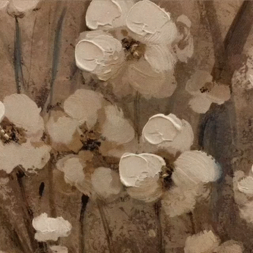 A Close Up Of A Painting Of Flowers With A Brown Background GIF