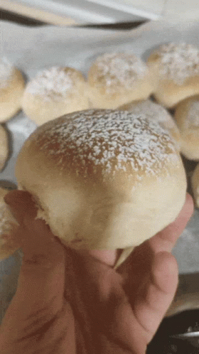 A Close Up Of A Person Holding A Bun With Powdered Sugar On Top GIF