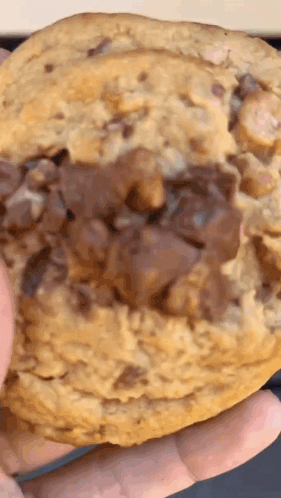 A Close Up Of A Person Holding A Cookie With Chocolate Chips On Top GIF