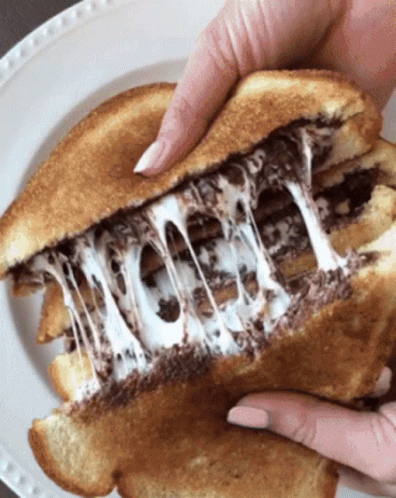 A Close Up Of A Person Holding A Grilled Cheese Sandwich On A White Plate GIF