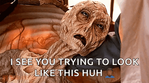 A Close Up Of A Person Holding A Monster With The Caption I See You Trying To Look Like This Huh GIF