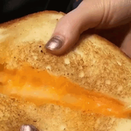 A Close Up Of A Person Holding A Sandwich With Cheese On It GIF