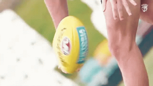 A Close Up Of A Person Holding A Soccer Ball With A Sticker That Says ' Sydney ' On It GIF