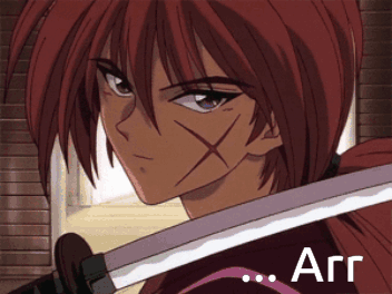 A Close Up Of A Person Holding A Sword With The Word Arr Below Them GIF
