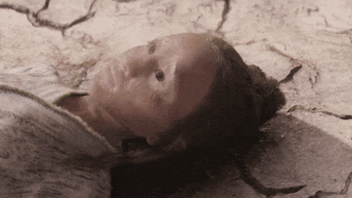 A Close Up Of A Person Laying On The Ground With Their Face Covered In Dirt GIF