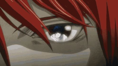 A Close Up Of A Person 'S Eye With Red Hair And A Blue Eye GIF