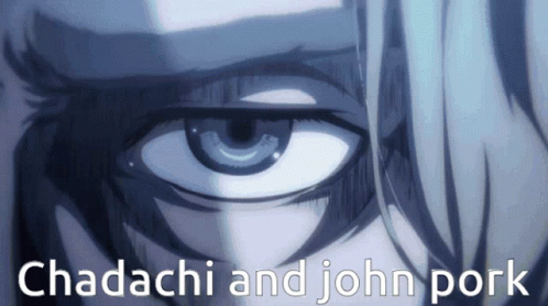 A Close Up Of A Person 'S Eye With The Words " Chadachi And John Pork " Above It GIF