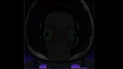 a close up of a person 's face in a dark room with purple lights .