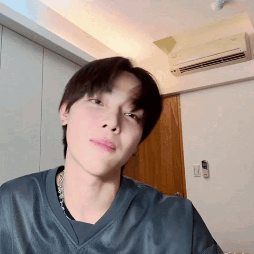 A Close Up Of A Person 'S Face In A Room With An Air Conditioner GIF