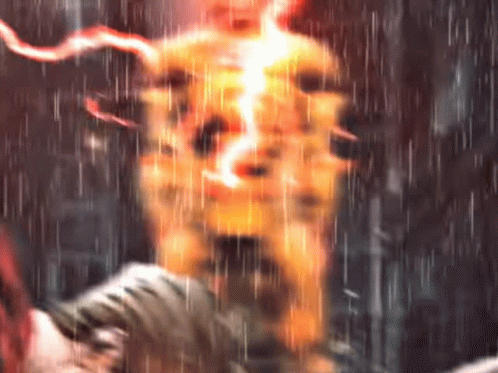 A Close Up Of A Person 'S Face In The Rain With A Lightning Bolt Coming Out Of It . GIF