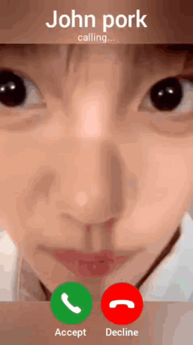 A Close Up Of A Person 'S Face On A Phone Screen That Says John Pork Calling Accept Decline GIF