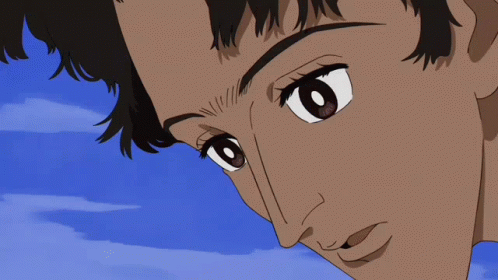 A Close Up Of A Person 'S Face With A Blue Sky Behind Them GIF
