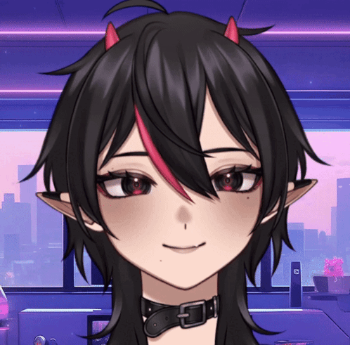A Close Up Of A Person 'S Face With A Choker And Horns GIF