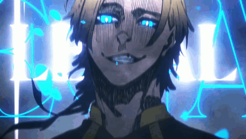 A Close Up Of A Person 'S Face With Blue Eyes And The Letter L Behind Him GIF