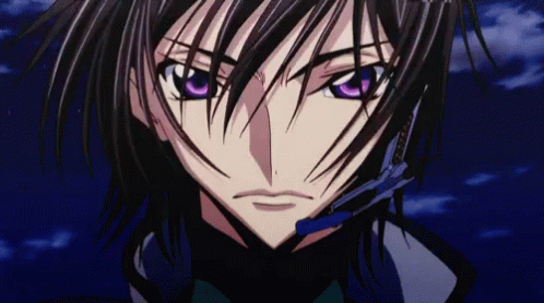 A Close Up Of A Person 'S Face With Purple Eyes And Black Hair GIF