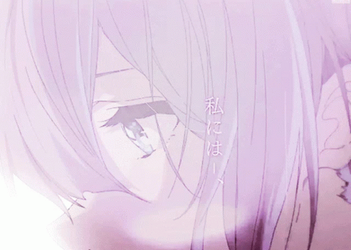 A Close Up Of A Person 'S Face With Purple Hair And A White Background GIF