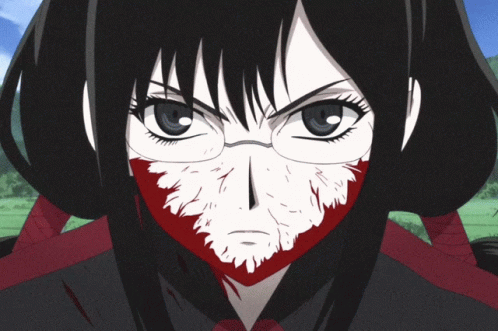 A Close Up Of A Person 'S Face With Red Eyes And Glasses GIF