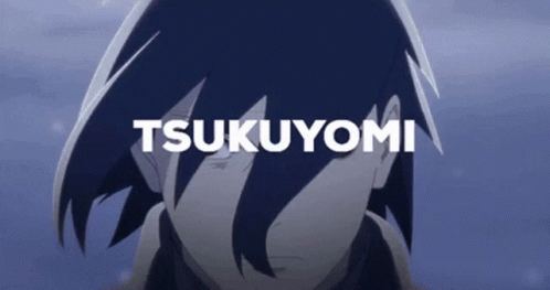A Close Up Of A Person 'S Face With The Name Tsukiyomi Written Above It GIF