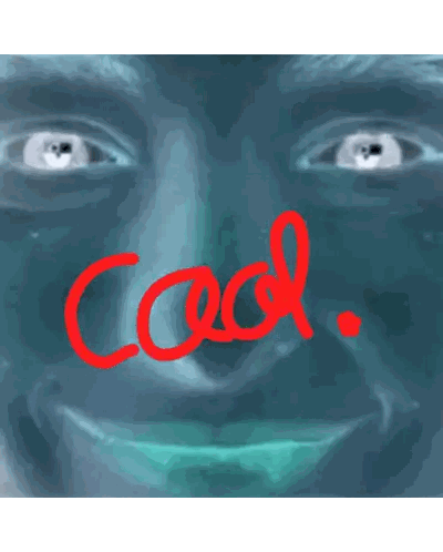 a close up of a person 's face with the word cool in red