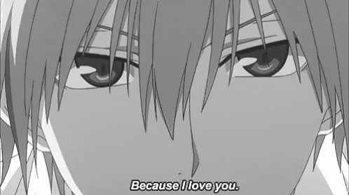 A Close Up Of A Person 'S Face With The Words `` Because I Love You '' Written Below It . GIF