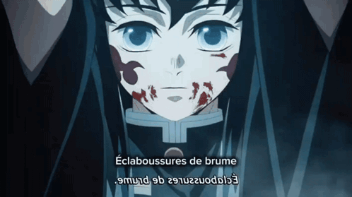 A Close Up Of A Person 'S Face With The Words Eclaboussures De Brume Above It GIF