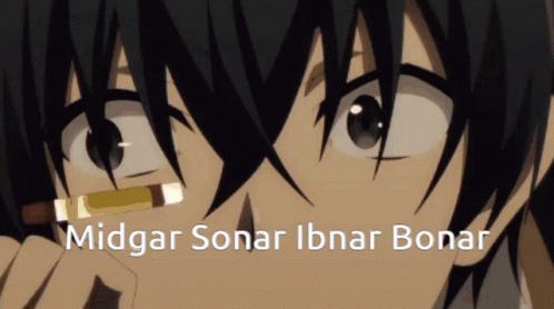 A Close Up Of A Person 'S Face With The Words Midgar Sonar Ibnar Bonar Below GIF