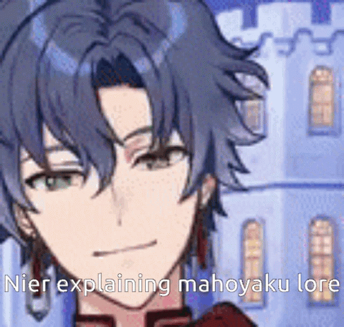 A Close Up Of A Person 'S Face With The Words Nier Explaining Mahoyaku Lore On It GIF
