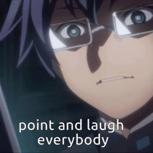 A Close Up Of A Person 'S Face With The Words Point And Laugh Everybody GIF