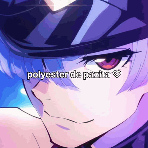 A Close Up Of A Person 'S Face With The Words Polyester De Pazita Written Above It GIF