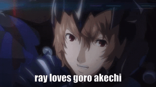 A Close Up Of A Person 'S Face With The Words `` Ray Loves Goro Akchi '' Written On The Bottom . GIF