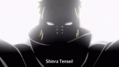 A Close Up Of A Person 'S Face With The Words Shinra Tensei . GIF