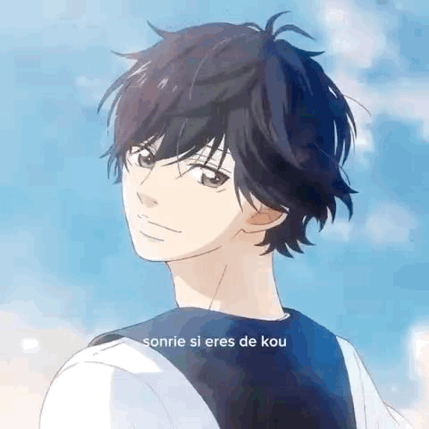 A Close Up Of A Person 'S Face With The Words Sonrie Si Eres De Kou Written On It . GIF
