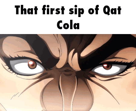 A Close Up Of A Person 'S Face With The Words That First Sip Of Qat Cola Above It GIF