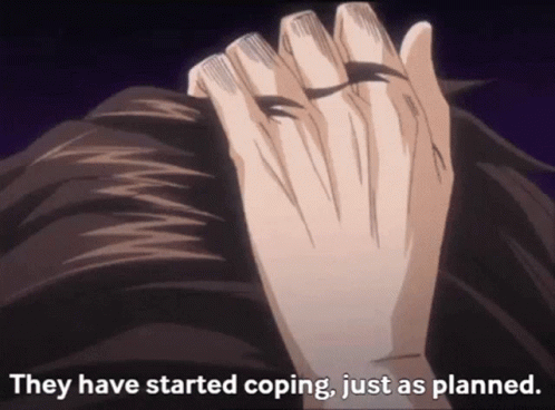 Close-Up Of Person's Face With We Have Started Coping Just As Planned Text GIF