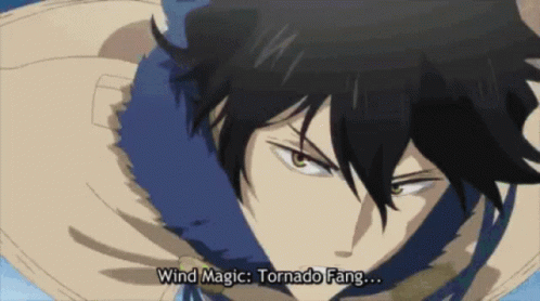 A Close Up Of A Person 'S Face With The Words Wind Magic Tornado Fang GIF