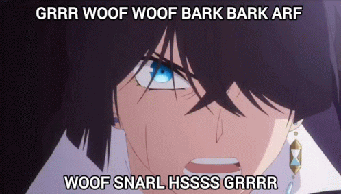 A Close Up Of A Person 'S Face With The Words Woof Snarl Hssss Grrr GIF